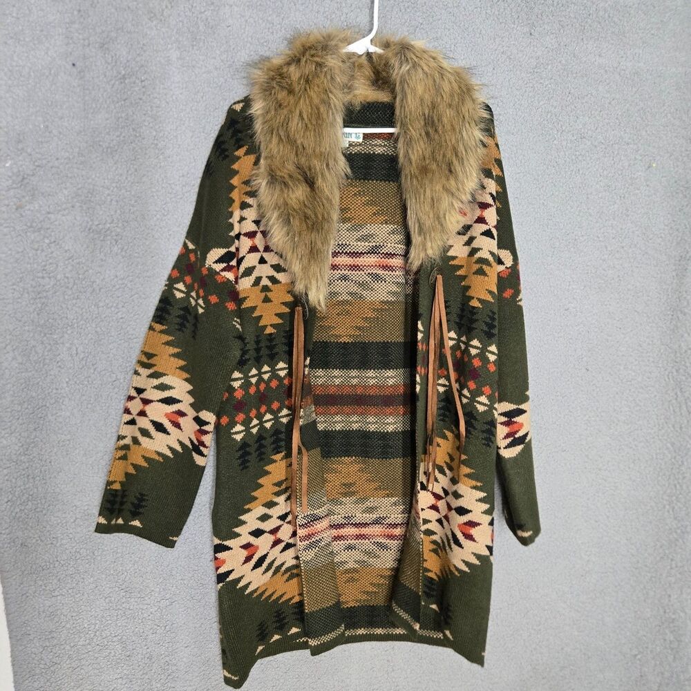 Rockin' C Western Sweater Womens S Green Geometric Long Sleeve Exclusive Open